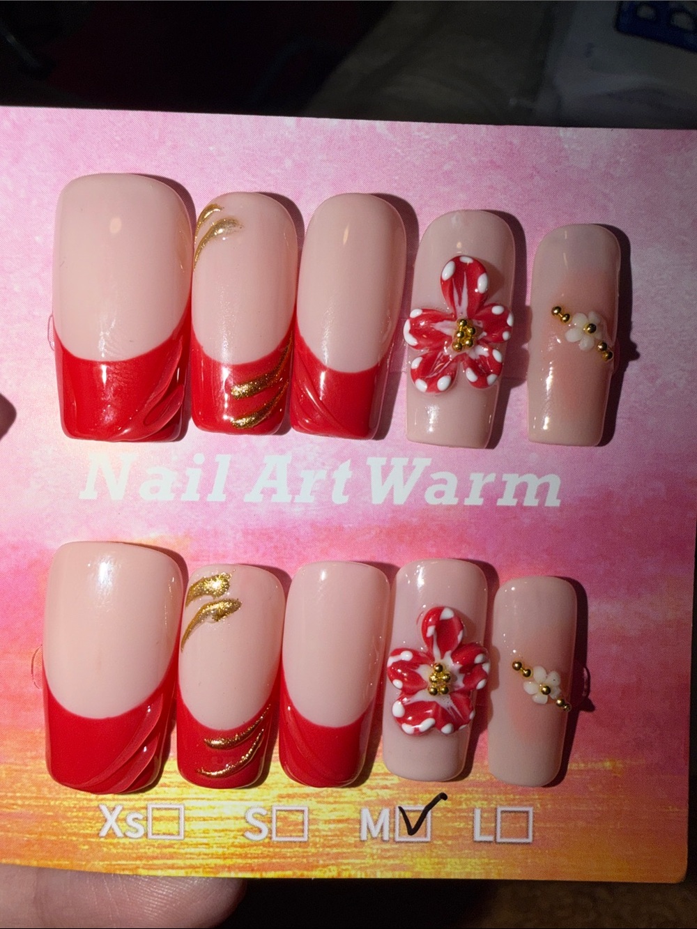 Nude Pink and Red Floral Acrylic Nail Set - Brand:
